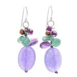 Multi-gemstone cluster dangle earrings, 'Purple Spring' - Cluster Dangle Earrings with Amethyst and Cultured Pearls