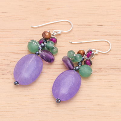 Multi-gemstone cluster dangle earrings, 'Purple Spring' - Cluster Dangle Earrings with Amethyst and Cultured Pearls