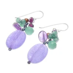 Multi-gemstone cluster dangle earrings, 'Purple Spring' - Cluster Dangle Earrings with Amethyst and Cultured Pearls