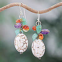 Multi-gemstone cluster dangle earrings, 'Crackled Spring' - Cluster Dangle Earrings with Howlite and Gemstone Beads