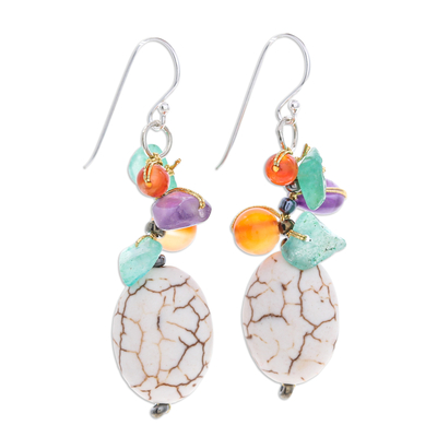 Multi-gemstone cluster dangle earrings, 'Crackled Spring' - Cluster Dangle Earrings with Howlite and Gemstone Beads