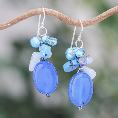 Multi-gemstone dangle earrings, 'Blue Symphony' - Dangle Earrings with Quartz Howlite and Cultured Pearl
