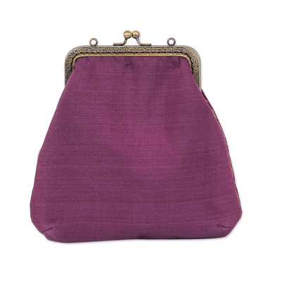 Silk shoulder bag, 'Pleasant Purple' - Silk Shoulder Bag with Removable Brass Strap in Purple
