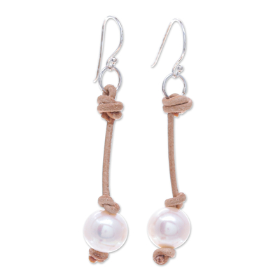 Leather and cultured pearl dangle earrings, 'Innocent Soul' - Cultured Pearl Dangle Earrings with Brown Leather Accents