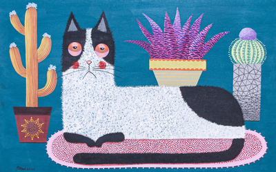 'Bored Cat on The Pink Rug' - Pintura acrílica naif de gato aburrido descansando sobre una alfombra rosa