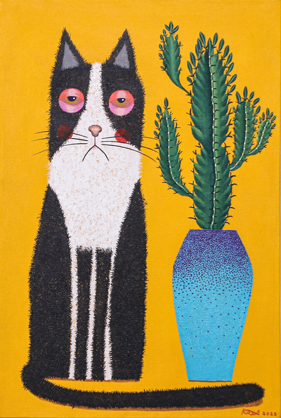 'Bored Cat and Cactus' - Cuadro Naif de Gato y Cactus con Fondo Amarillo
