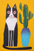 'Bored Cat and Cactus' - Cuadro Naif de Gato y Cactus con Fondo Amarillo