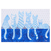 'Gato azul con amigos' - Pintura acrílica caprichosa con temática de gato en azul y blanco