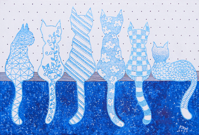 'Blue Cat with Friends' - Whimsical Cat-Themed Acrylic Painting in Blue and White