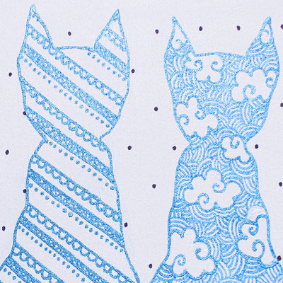 'Blue Cat with Friends' - Pintura acrílica caprichosa con temática de gato en azul y blanco