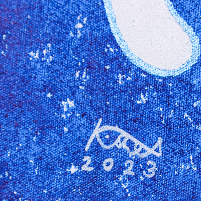 'Blue Cat with Friends' - Pintura acrílica caprichosa con temática de gato en azul y blanco