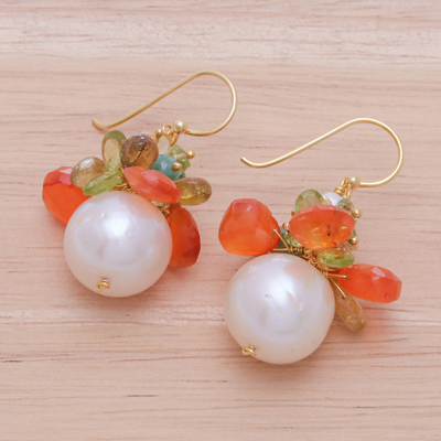 Gold-plated multi-gemstone cluster dangle earrings, 'Paradise Fruits' - 18k Gold-Plated Multi-Gemstone Dangle Earrings with Pearls
