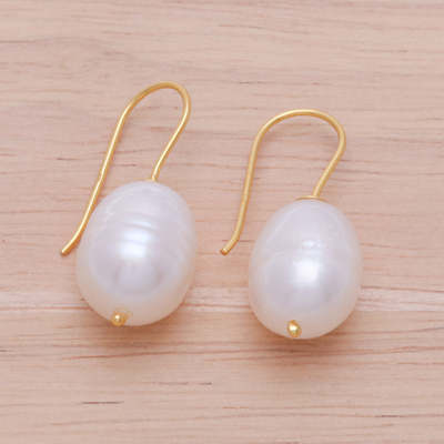 Gold-plated cultured pearl drop earrings, 'Timeless Flair' - Classic 18k Gold-Plated Cultured Pearl Drop Earrings