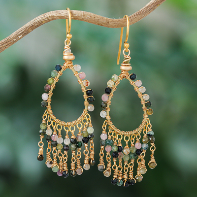 Gold-accented tourmaline waterfall earrings, 'Chic colours' - Waterfall Earrings with Gold Accents and Tourmaline Beads