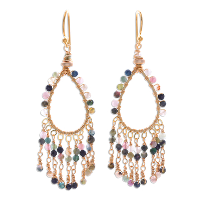 Gold-accented tourmaline waterfall earrings, 'Chic Colors' - Waterfall Earrings with Gold Accents and Tourmaline Beads