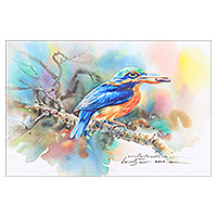 „Rufous-Collared Kingfisher“ (2021) – Aquarellmalerei eines Rufous-Collared Kingfisher-Vogels