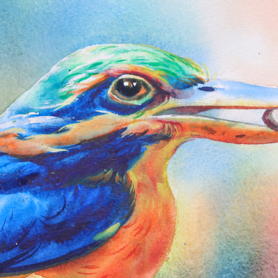 'Rufous-Collared Kingfisher' (2021) - Pintura de acuarela de pájaro martín pescador de collar rufo