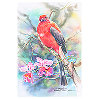 'Red-Headed Trogon' (2021) - Realistic Watercolor Painting of Red-Headed Trogon Bird