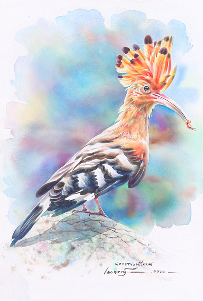 Realistic Watercolor Painting of Eurasian Hoopoe Bird