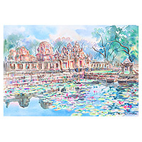 'Khmer Castle' (2022) - Thai Temple Khmer Castle Impressionist Watercolor Painting