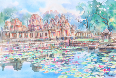 'Khmer Castle' (2022) - Impressionistische Aquarellmalerei der thailändischen Tempel-Khmer-Burg