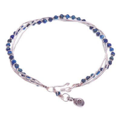 Lapis lazuli and silver beaded charm bracelet, 'My Intellectual Day' - Blue-Toned Lapis Lazuli and Silver Beaded Charm Bracelet
