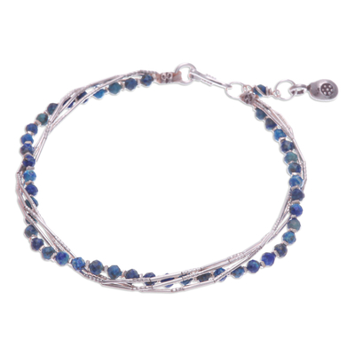 Lapis lazuli and silver beaded charm bracelet, 'My Intellectual Day' - Blue-Toned Lapis Lazuli and Silver Beaded Charm Bracelet