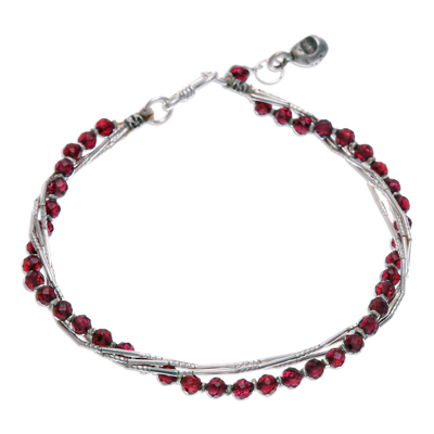 Garnet and silver beaded charm bracelet, 'My Lovely Day' - Red-Toned Natural Garnet and Silver Beaded Charm Bracelet