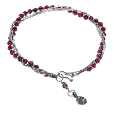 Garnet and silver beaded charm bracelet, 'My Lovely Day' - Red-Toned Natural Garnet and Silver Beaded Charm Bracelet