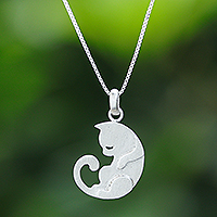 Sterling silver pendant necklace, 'Lazy Cat'