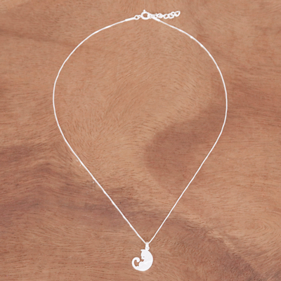 Sterling silver pendant necklace, 'Lazy Cat' - 925 Silver Cat Pendant Necklace with Brushed-Satin Finish