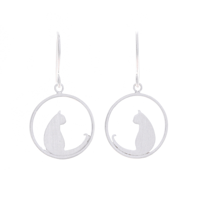 Sterling silver dangle earrings, 'The Twins' - Silver Cat-Themed Dangle Earrings with Brushed-Satin Finish