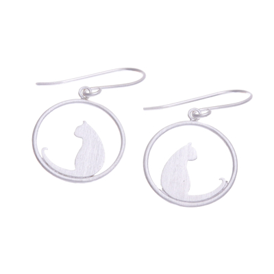 Ohrhänger aus Sterlingsilber - Silberne Ohrhänger mit Katzenmotiv und gebürstetem Satin-Finish