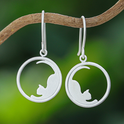 Sterling silver dangle earrings, 'Relaxing' - 925 Silver Cat Dangle Earrings with Brushed-Satin Finish