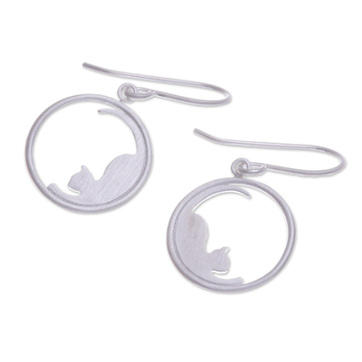 Sterling silver dangle earrings, 'Relaxing' - 925 Silver Cat Dangle Earrings with Brushed-Satin Finish
