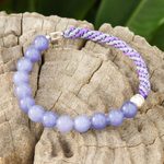 Anhydrite beaded macrame stretch bracelet, 'Fearless Glam' - Handmade Anhydrite & Silver Beaded Macrame Stretch Bracelet