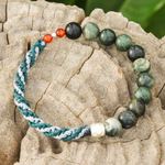 Jasper and carnelian beaded stretch bracelet, 'Sea Journey' - Jasper and Carnelian Stretch Bracelet in Blue and Grey