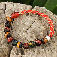 Tiger's eye and chalcedony beaded stretch bracelet, 'Fire Journey' - Tiger's Eye and Chalcedony Stretch Bracelet in Red and Brown