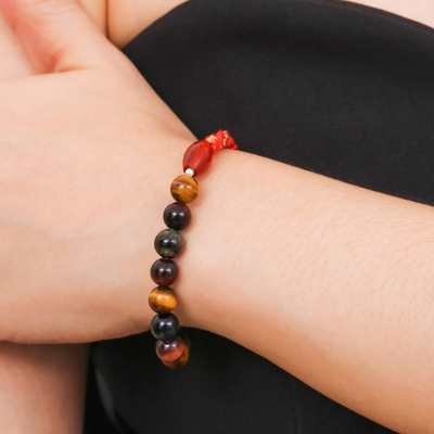 Tiger's eye and chalcedony beaded stretch bracelet, 'Fire Journey' - Tiger's Eye and Chalcedony Stretch Bracelet in Red and Brown