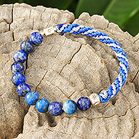 Lapis lazuli beaded stretch bracelet, 'Magic Journey' - Lapis Lazuli Beaded Stretch Bracelet in Blue and Grey