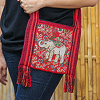 Traditional sling, 'Elephant's Delight' - Traditional Elephant-Themed Floral Red Sling with Fringes
