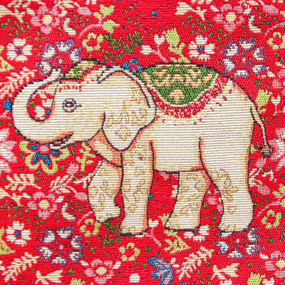 Traditional sling, 'Elephant's Delight' - Traditional Elephant-Themed Floral Red Sling with Fringes