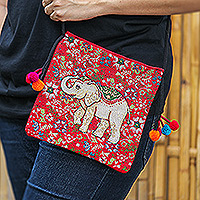 Traditional sling, 'Elephant's Joy' - Traditional Elephant-Themed Floral Red Sling with Pompoms