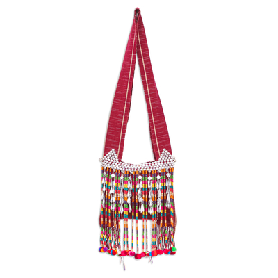Cotton beaded shoulder bag, 'Sunset Customs' - Handcrafted Burgundy Cotton Shoulder Bag with colourful Beads
