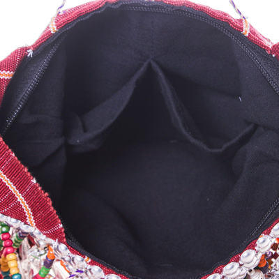 Cotton beaded shoulder bag, 'Sunset Customs' - Handcrafted Burgundy Cotton Shoulder Bag with Colorful Beads