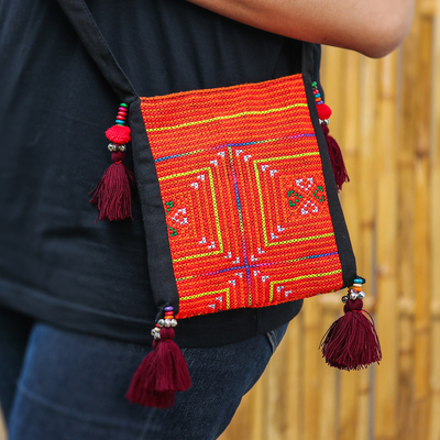 Beaded sling, 'Hmong Paths' - Traditional Orange and Black Sling with Beads and Tassels