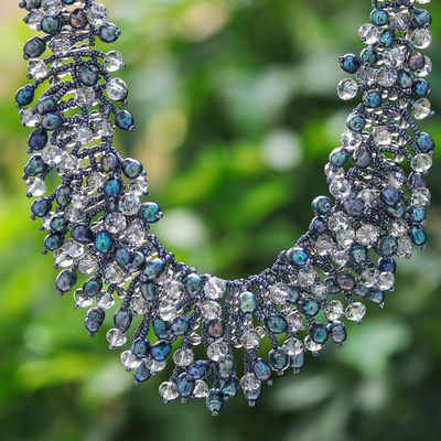 Collar cascada de cuentas de vidrio y perlas cultivadas - Collar de cascada con cuentas de vidrio transparente y perlas negras