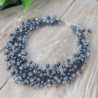 Collar cascada de cuentas de vidrio y perlas cultivadas - Collar de cascada con cuentas de vidrio transparente y perlas negras