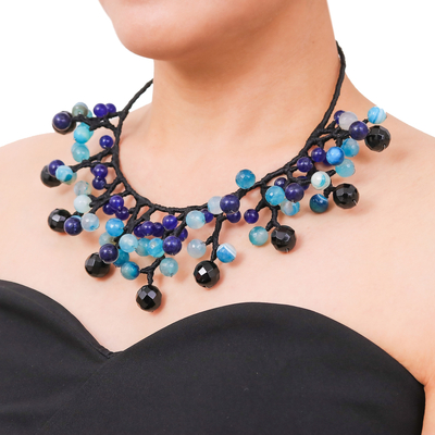 Multi-gemstone waterfall choker necklace, 'Sea Bubbles' - Blue and Black Multi-Gemstone Waterfall Choker Necklace