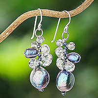 Cultured pearl and glass beaded dangle earrings, 'Rain of Mystery'